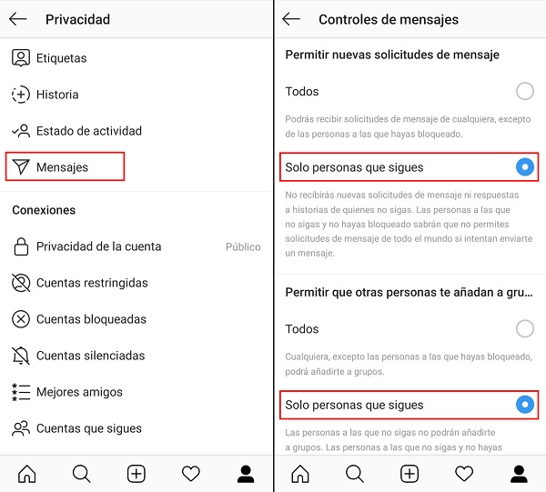 Opciones de configuración de privacidad en Instagram