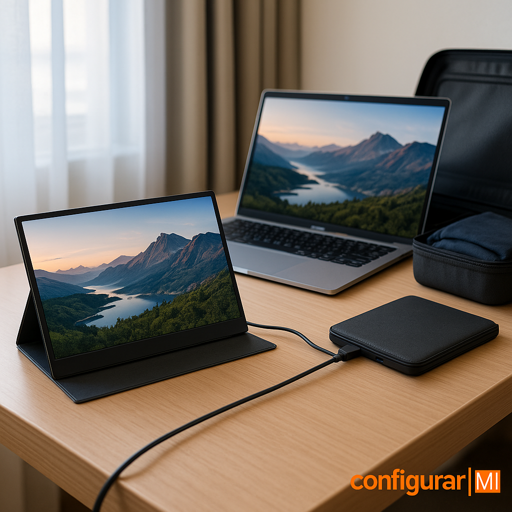 Los 7 mejores monitores portátiles 15,6″ 1080p para trabajar y viajar 13 Setup de viaje con monitor portátil 15,6″ y portátil: peana y cable USB-C